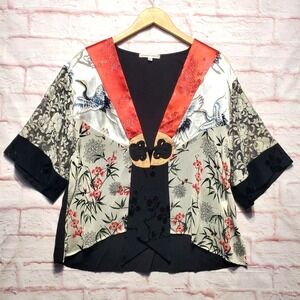 Spencer Alexis Kimono Shirt Womens Medium Crane Floral Boho Silk Made Twee 90s